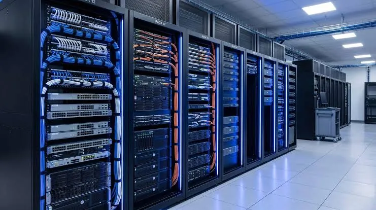 Rows of server racks in a data centre