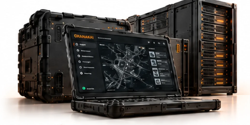 A rugged black laptop showing a network map of connected points, with server racks behind it.