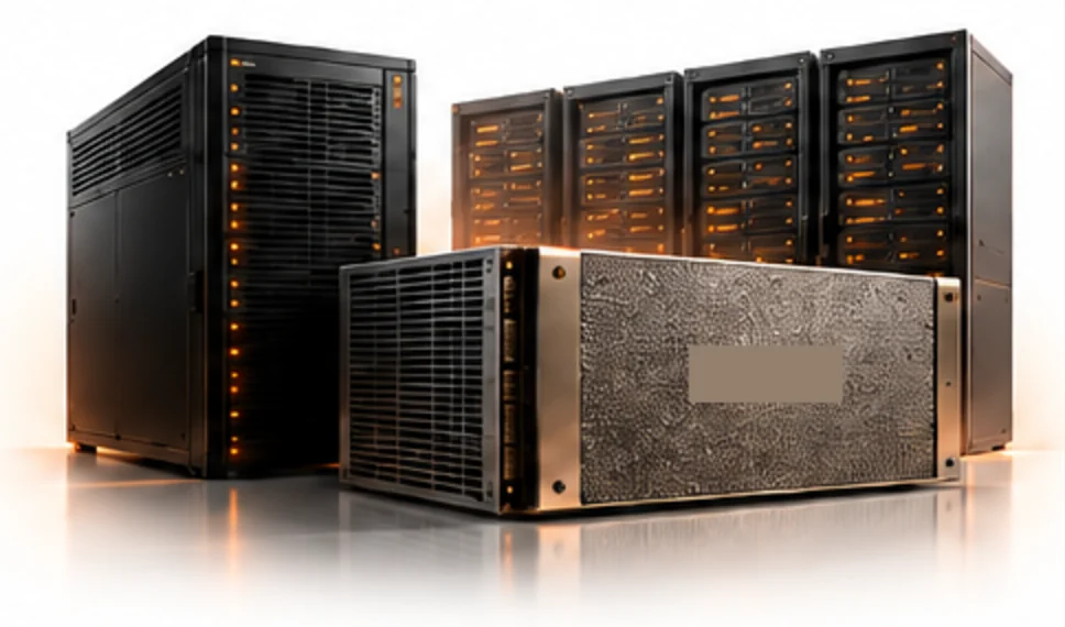 Dark server racks with a warm orange glow and a GPU server box in front.