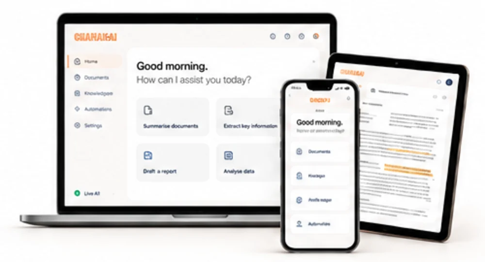 CHANAKAI Mini on a laptop, tablet and phone. The laptop shows the home screen: Good morning. How can I assist you today?, with tiles for Summarise documents, Extract key information, Draft a report and Analyse data.